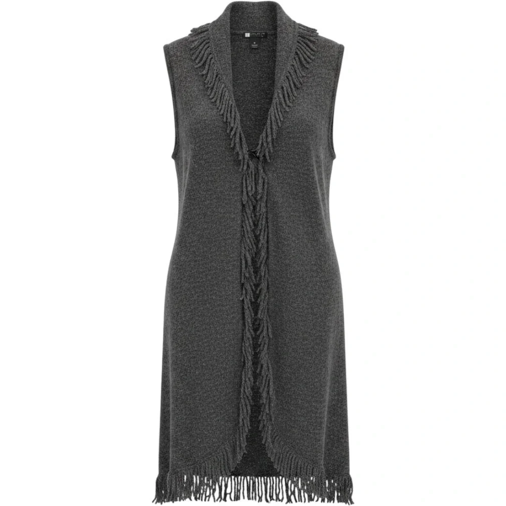 Carole Little Gray Wool Blend Fringe Shawl Collar Longline Sweater Vest XL